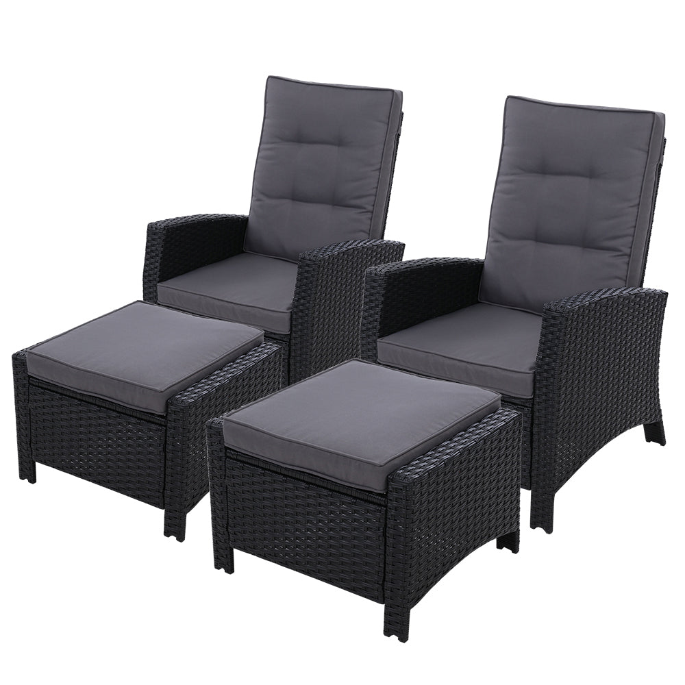 2PC Recliner Chairs Sun lounge Wicker Lounger Outdoor Furniture Adjustable Black