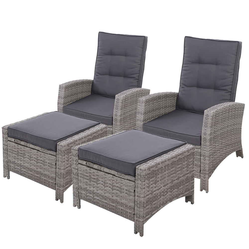 2PC Recliner Chairs Sun lounge Wicker Lounger Outdoor Furniture Adjustable Grey