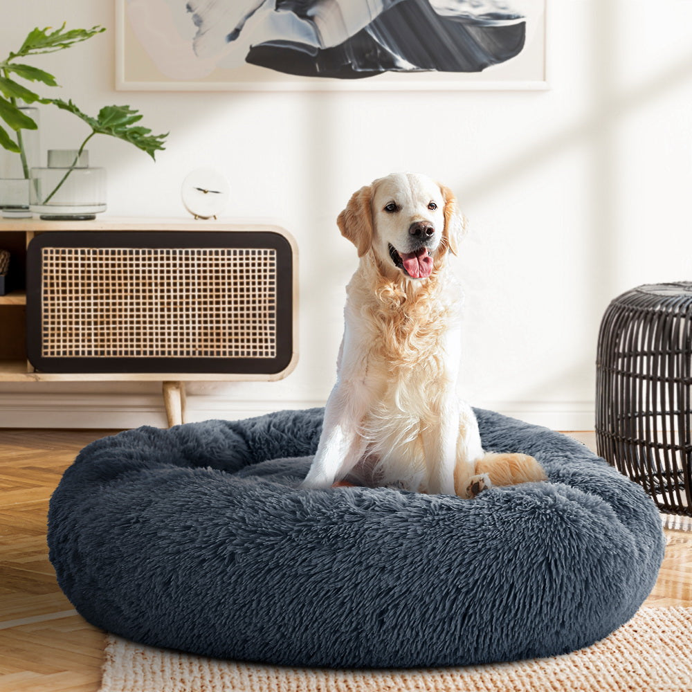 Pet Bed Dog Cat 90cm Large Calming Soft Plush Bed Dark Grey
