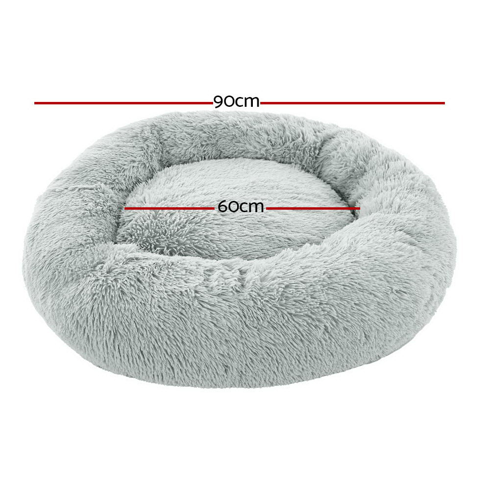 Pet Bed Dog Cat 90cm Large Calming Soft Plush Light Grey