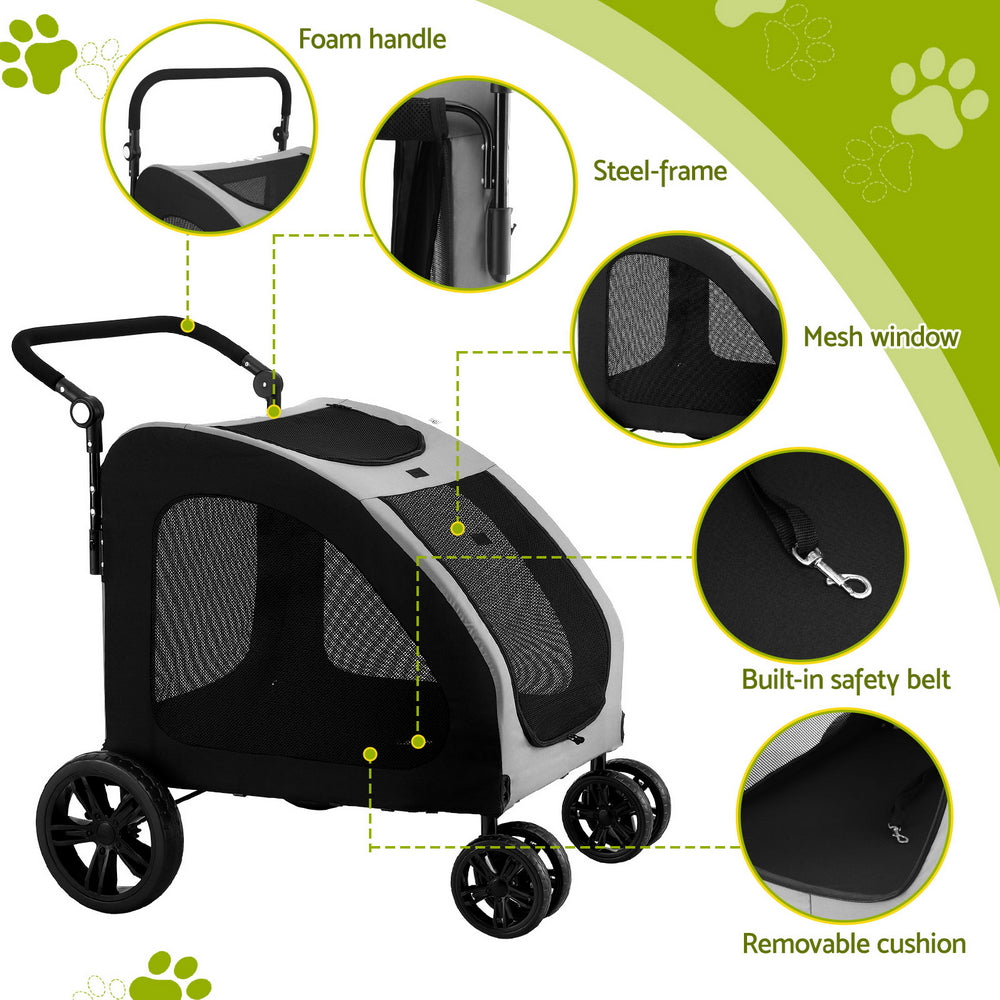 Pet Stroller Dog Pram Large Carrier Cat Travel Foldable Strollers 4 Wheels Trolley