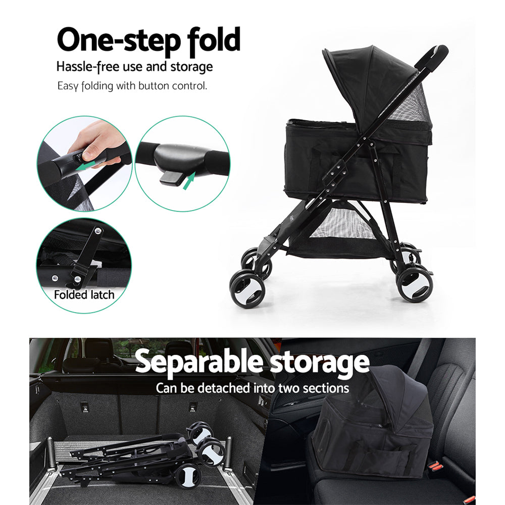 Pet Stroller Dog Pram Cat Carrier Travel Large Pushchair Foldable 4 Wheels Black