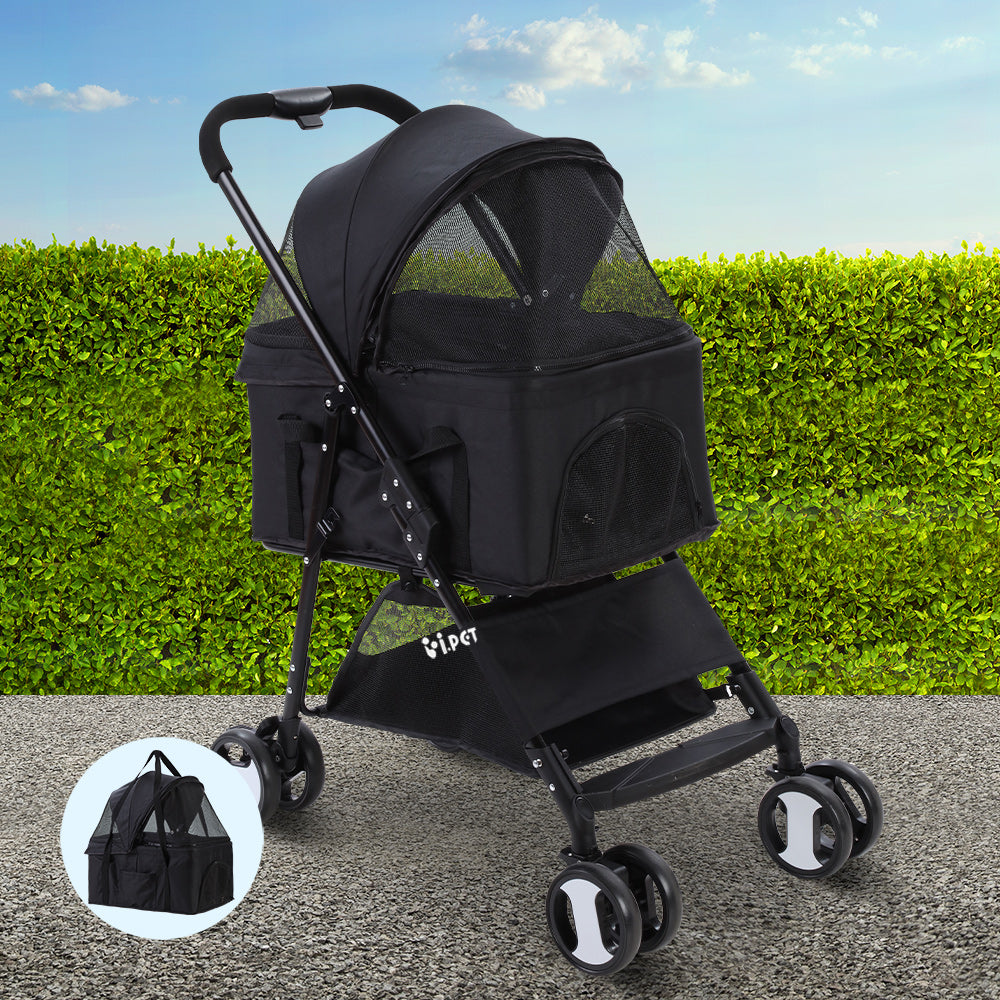 Pet Stroller Dog Pram Cat Carrier Travel Large Pushchair Foldable 4 Wheels Black