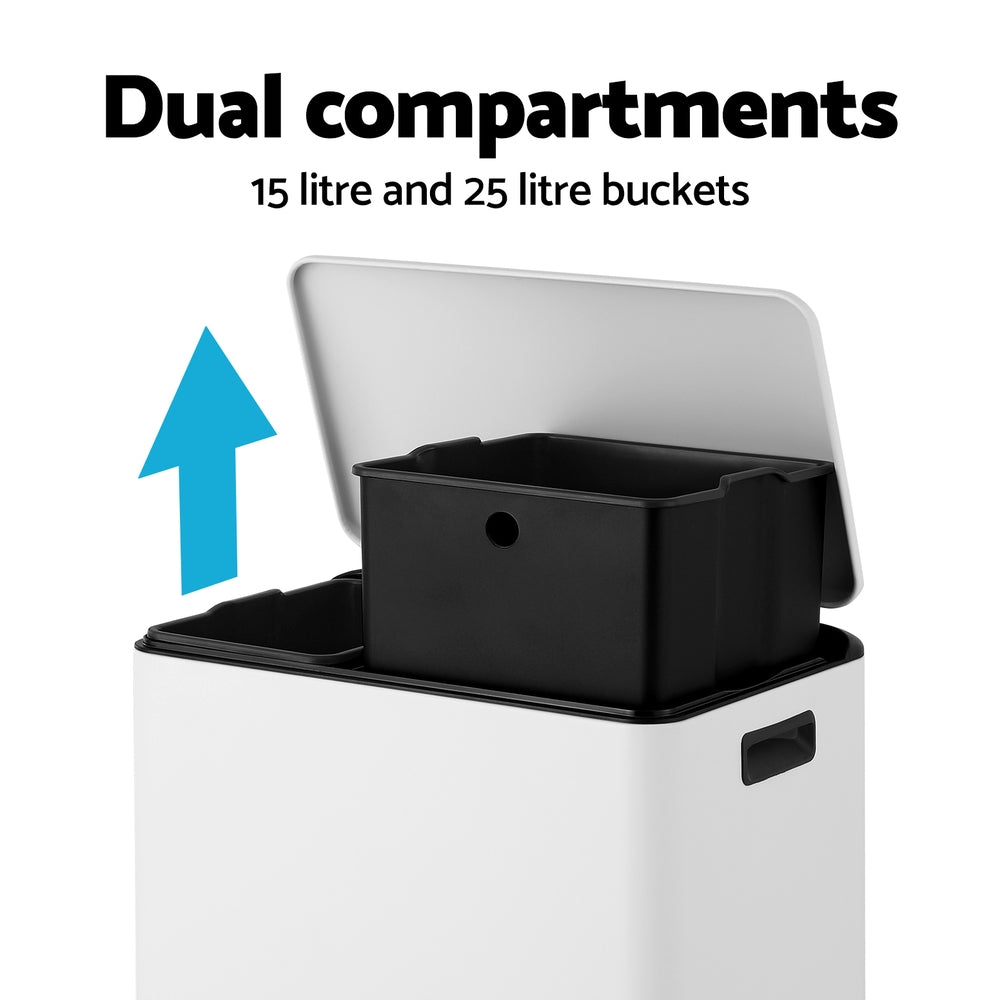 Pedal Bins Rubbish Bin Dual Compartment Waste Recycle Dustbins 40L White