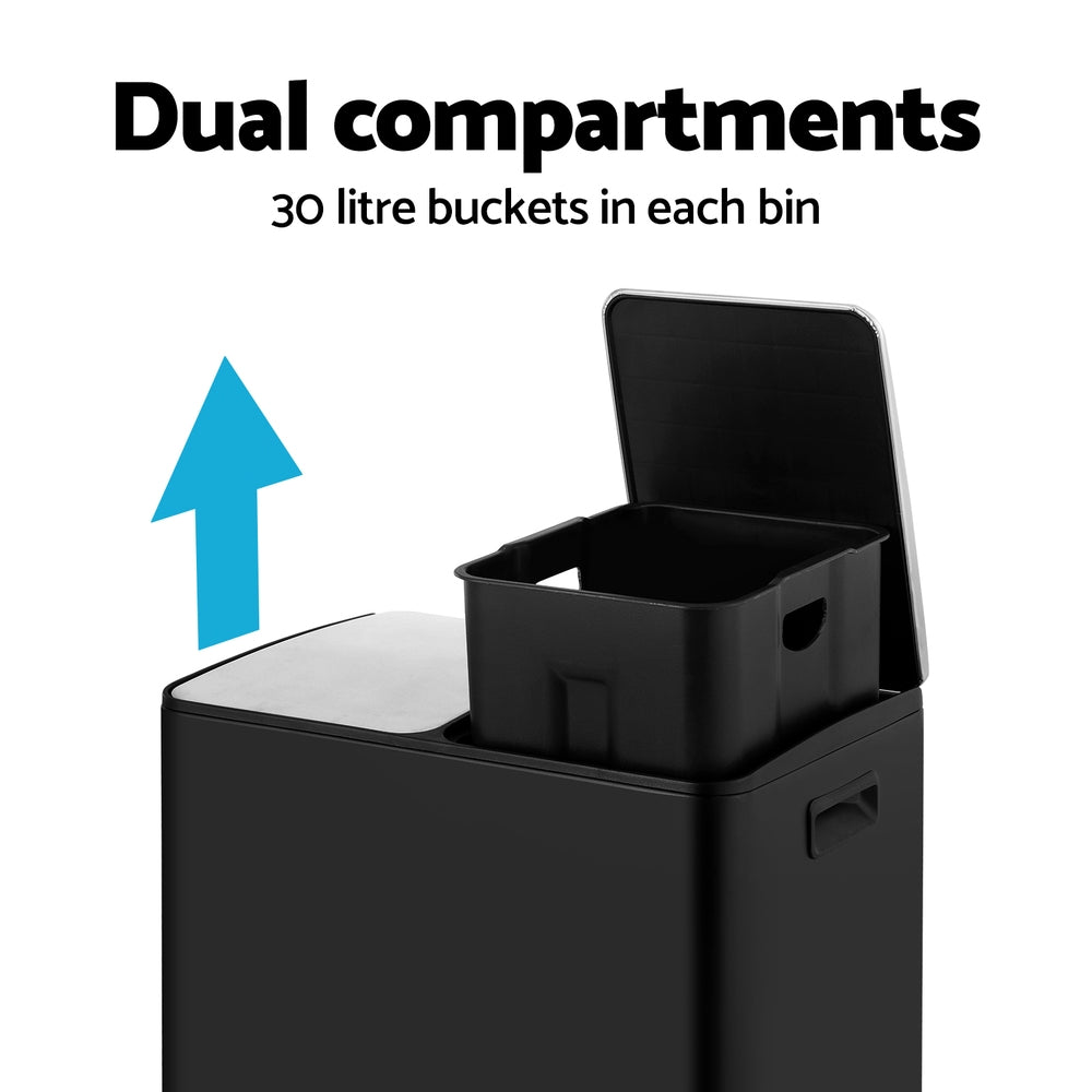 Pedal Bins Rubbish Bin Dual Compartment Waste Recycle Dustbins 60L Black