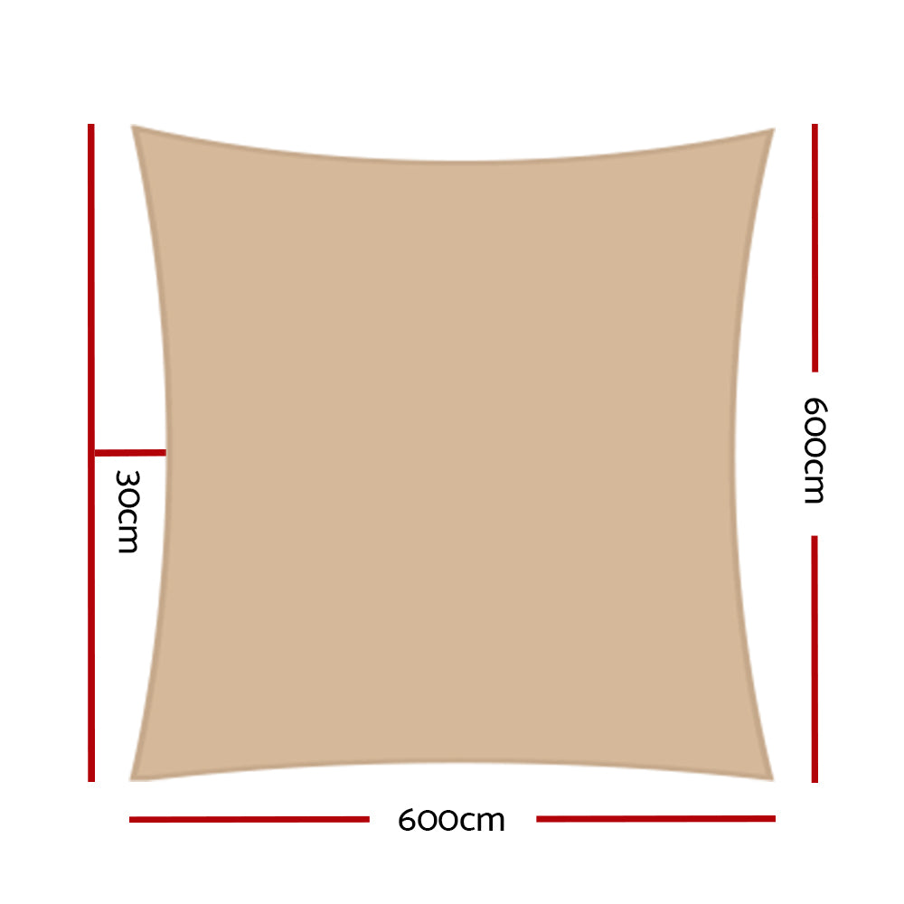 Shade Sail 6x6m Rectangle 185GSM 95% Sand Shade Cloth