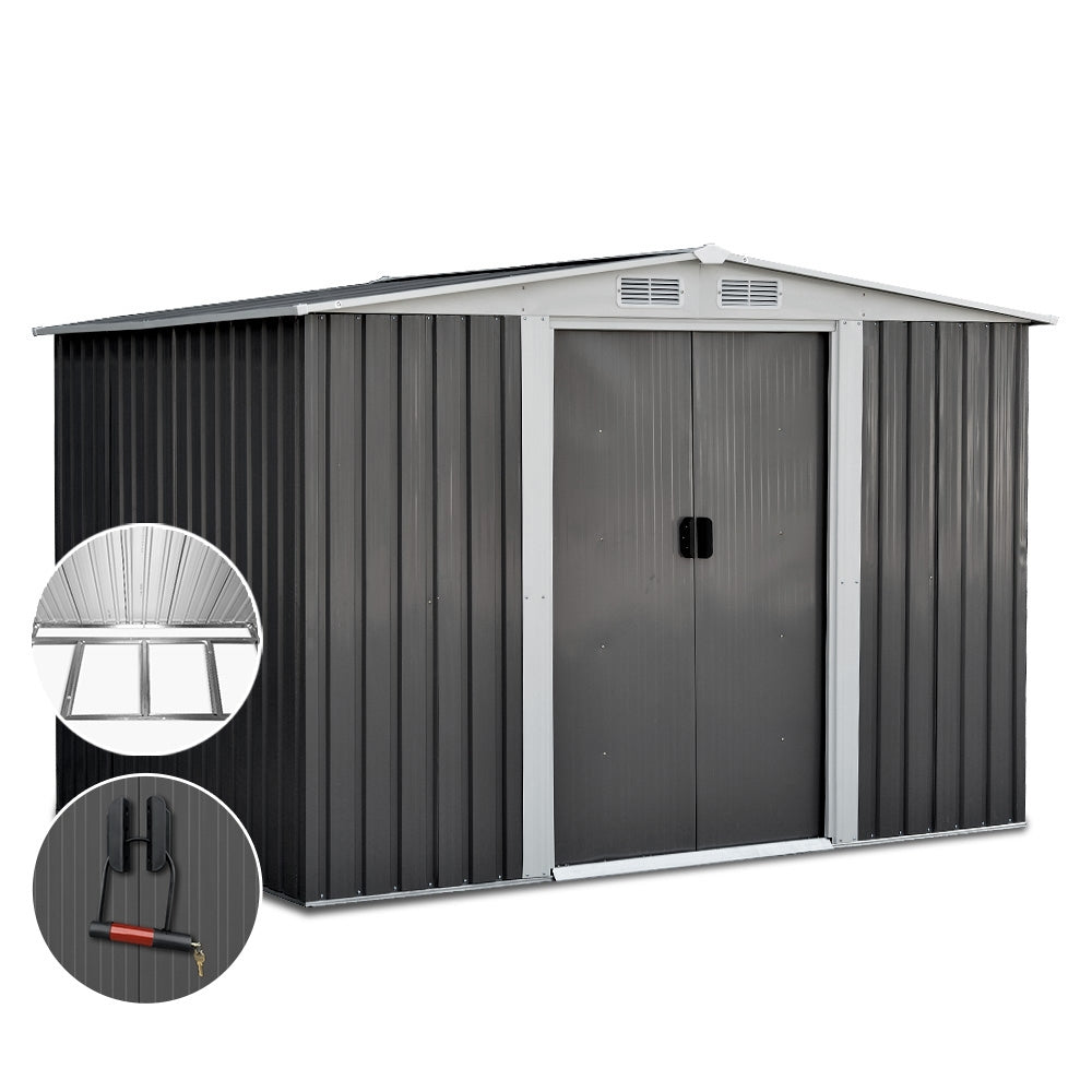 Garden Shed 2.58x2.07M w/Metal Base Sheds Outdoor Storage Double Door Tool