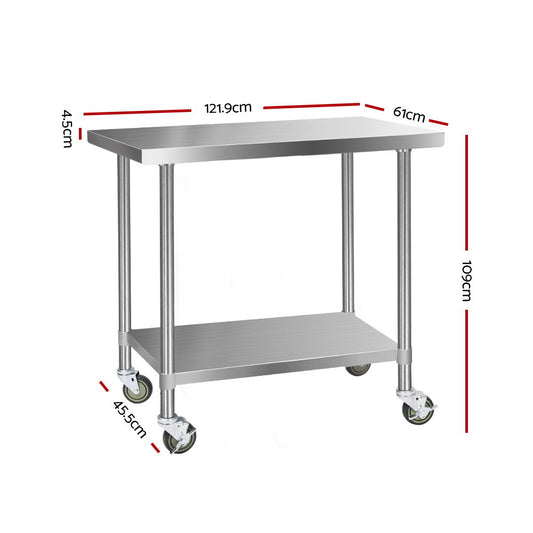 1219x610mm Stainless Steel Kitchen Bench with Wheels 304