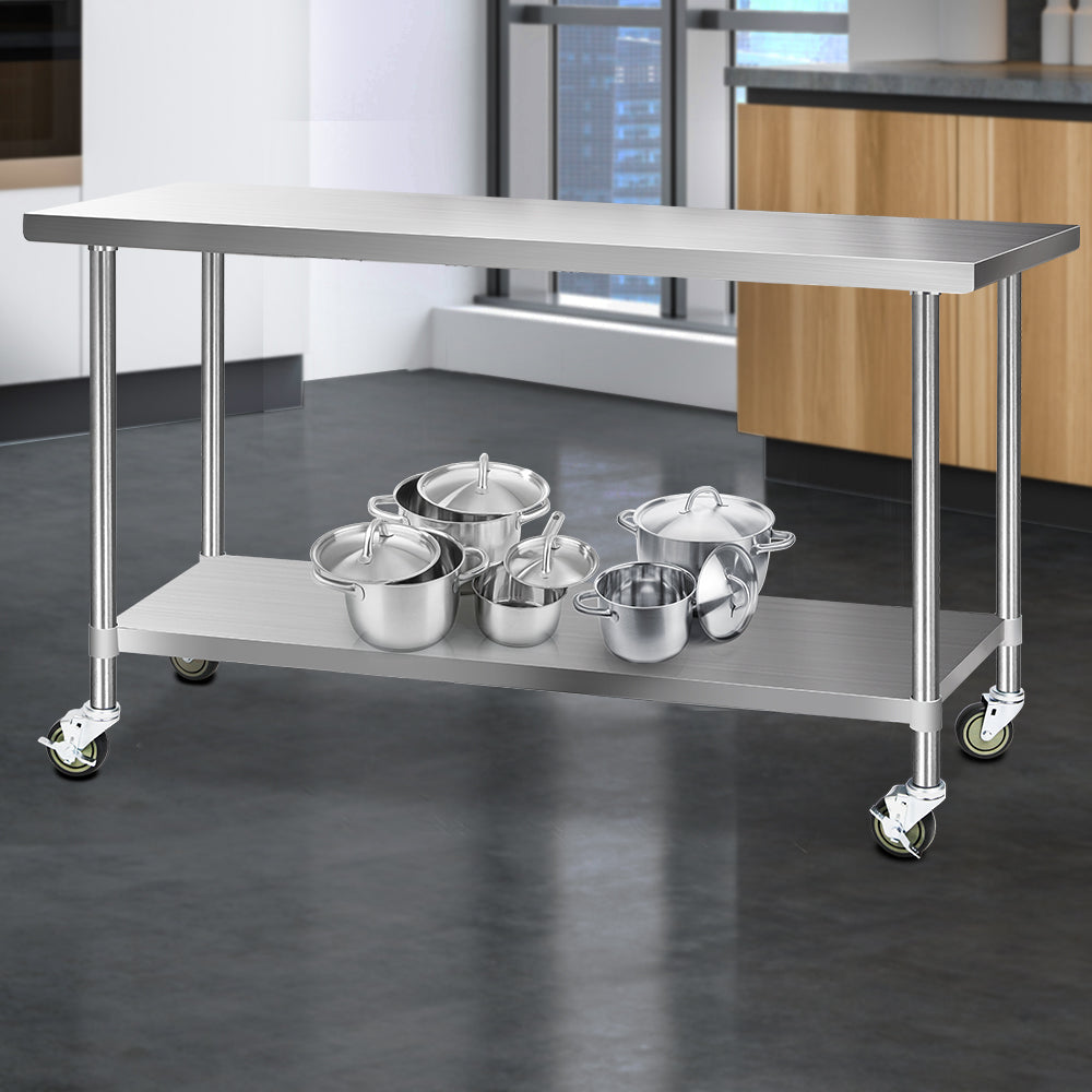 1829x610mm Stainless Steel Kitchen Bench with Wheels 304