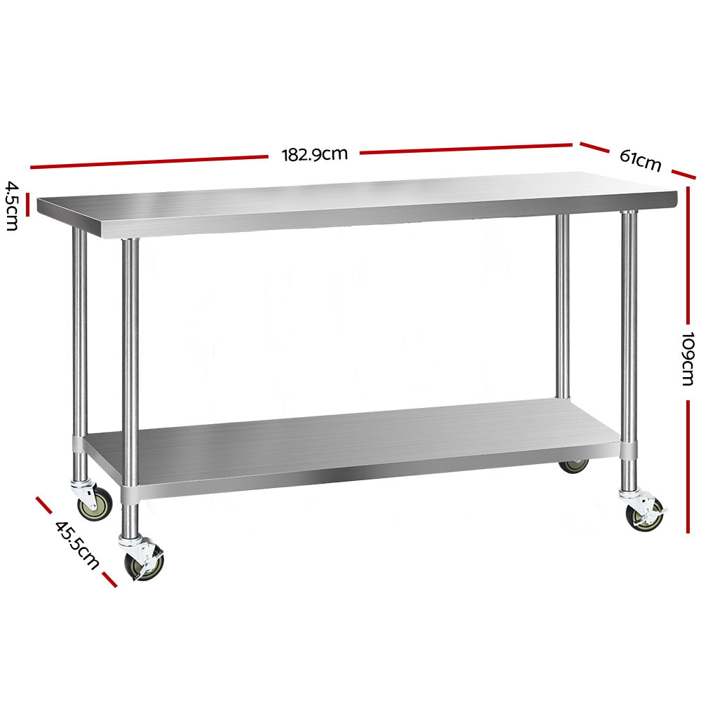 1829x610mm Stainless Steel Kitchen Bench with Wheels 304