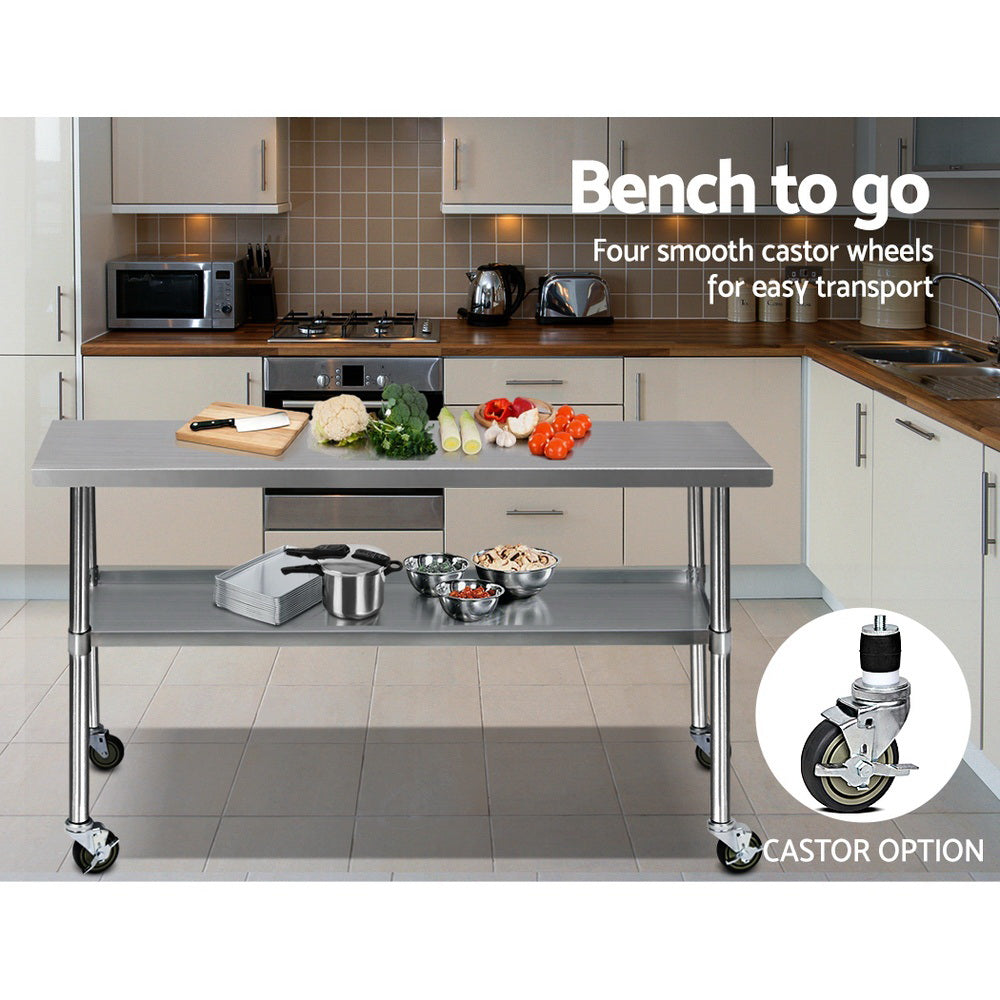 1829x610mm Stainless Steel Kitchen Bench with Wheels 304