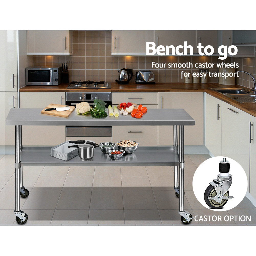 1829x610mm Stainless Steel Kitchen Bench with Wheels 430