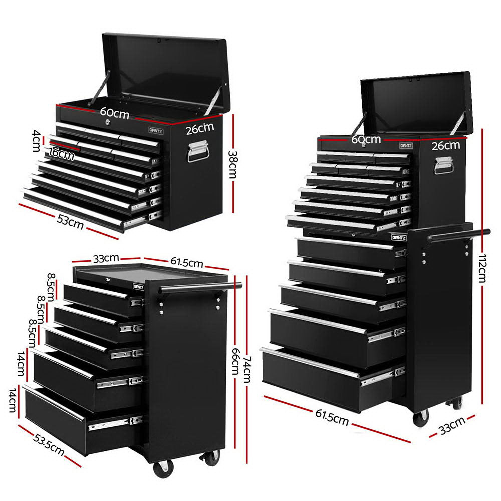 15 Drawers Tool Chest Trolley Toolbox 2-in-1 Storage Black