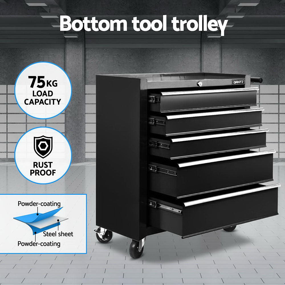 15 Drawers Tool Chest Trolley Toolbox 2-in-1 Storage Black