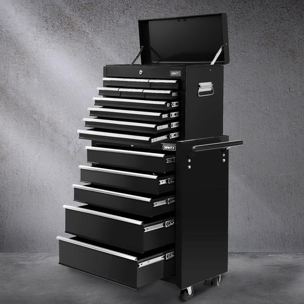 15 Drawers Tool Chest Trolley Toolbox 2-in-1 Storage Black