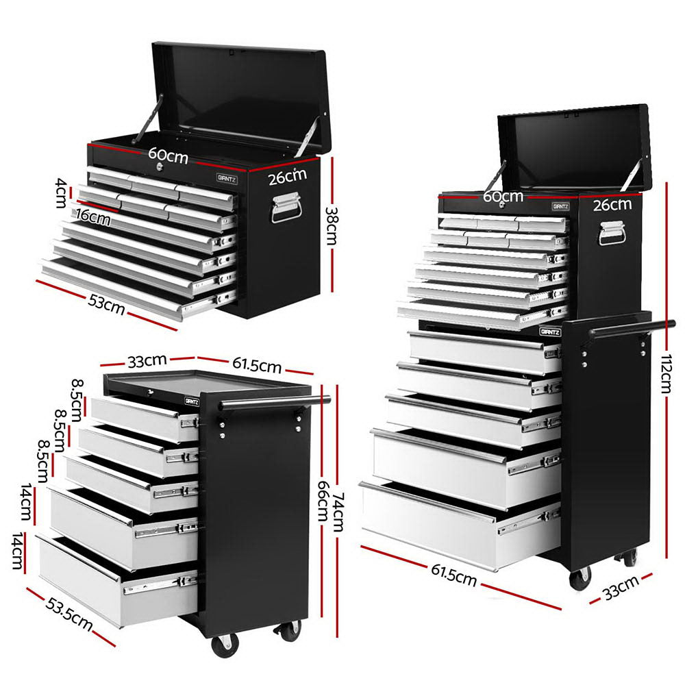15 Drawers Tool Chest Trolley Toolbox 2-in-1 Storage Black& Grey