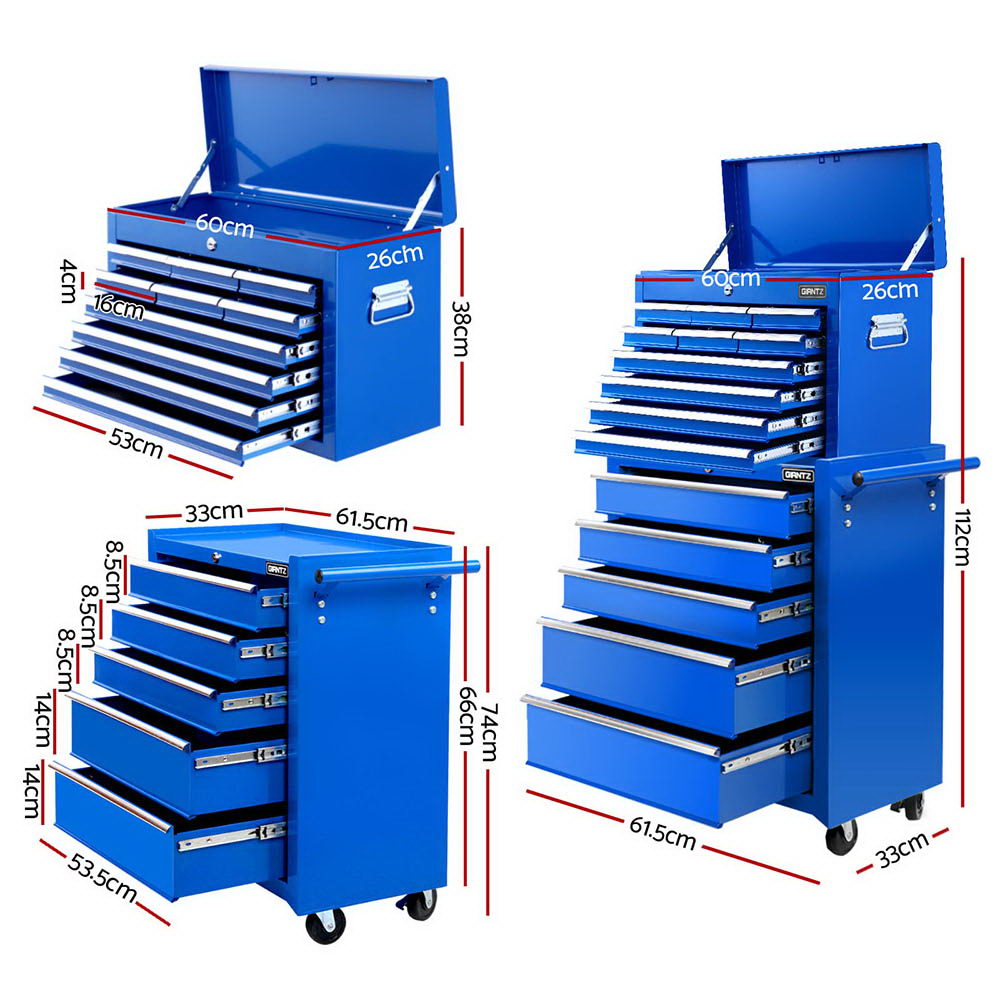 15 Drawers Tool Chest Trolley Toolbox 2-in-1 Storage Blue