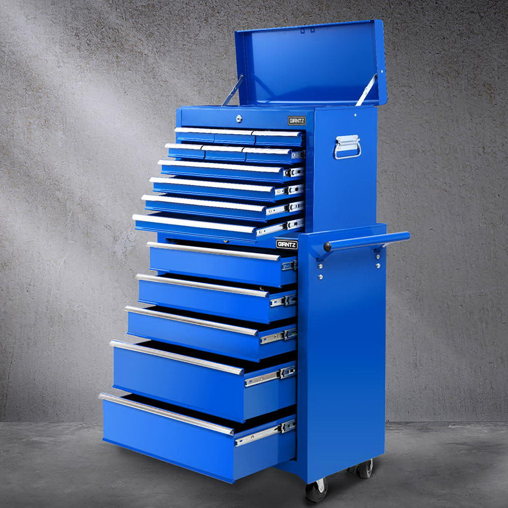 15 Drawers Tool Chest Trolley Toolbox 2-in-1 Storage Blue