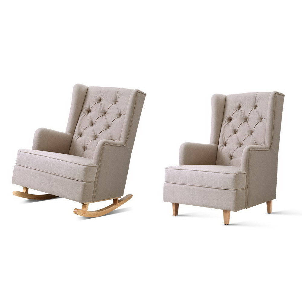 Rocking Chair Armchair Linen Fabric Beige Gaia