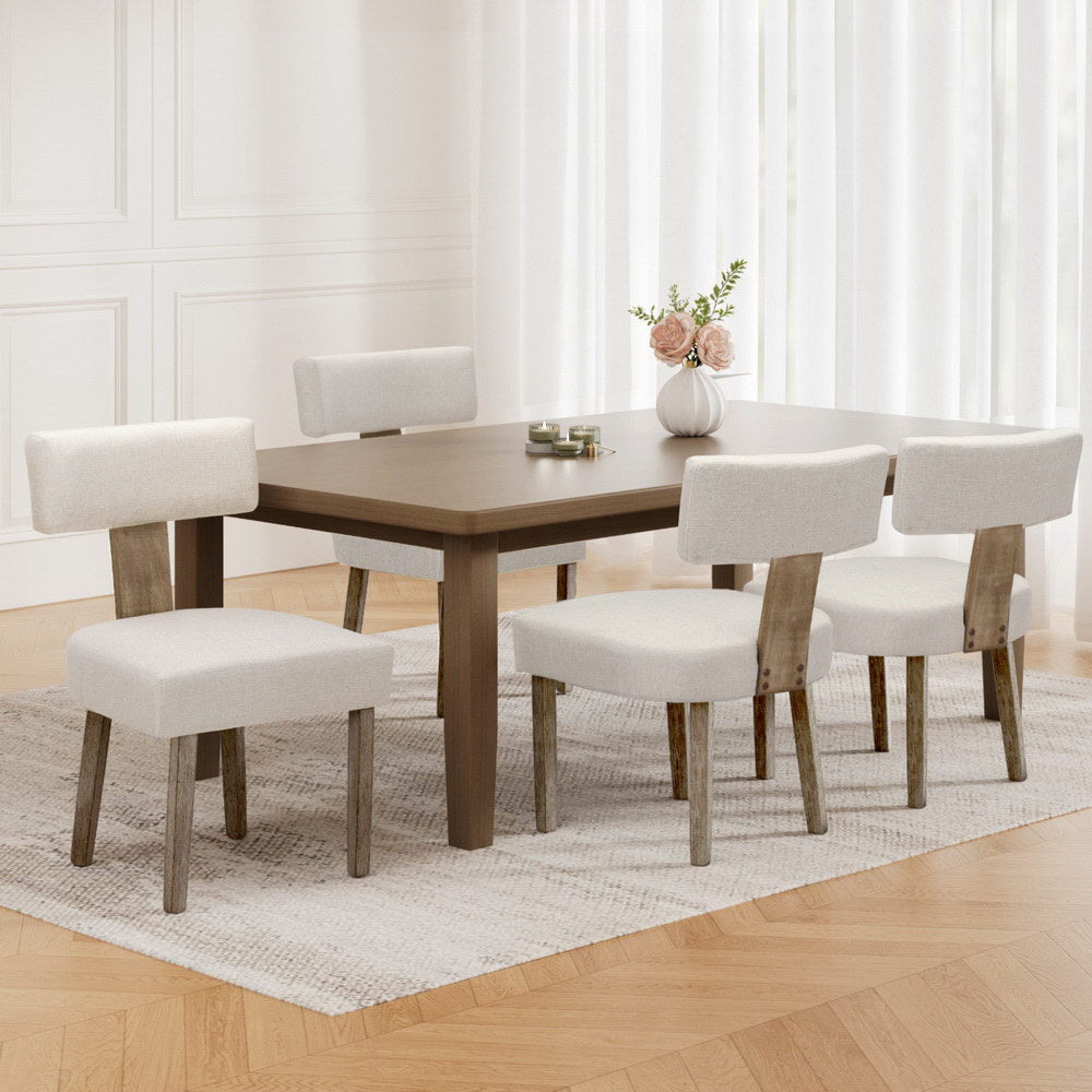 Dining Chairs Set of 4 Linen Fabric Wooden Beige