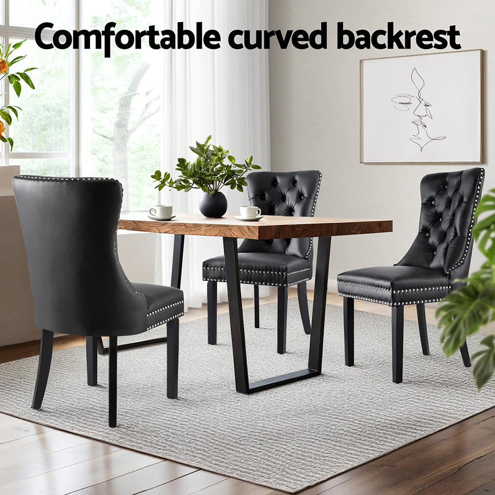 1 Set of 2 Dining Chairs Black Leather