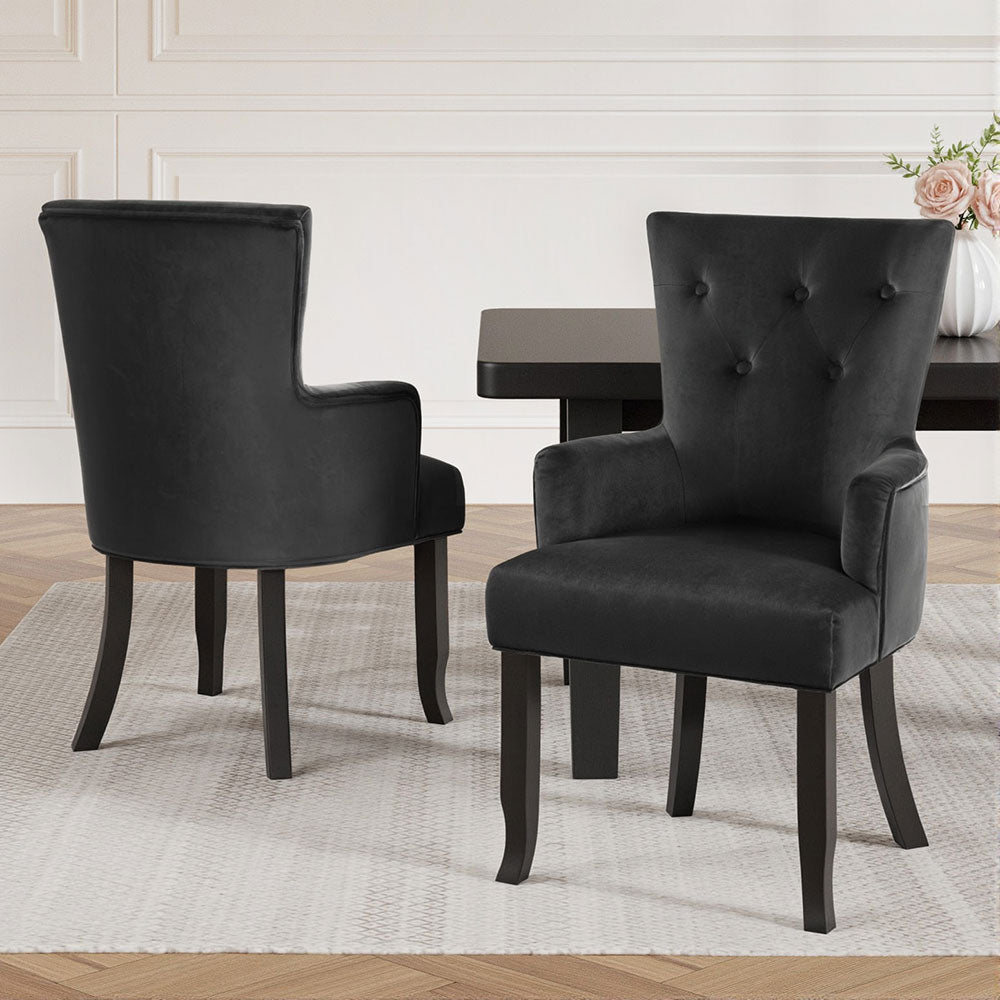 2x Dining Chairs Velvet French Provincial Armchair Black