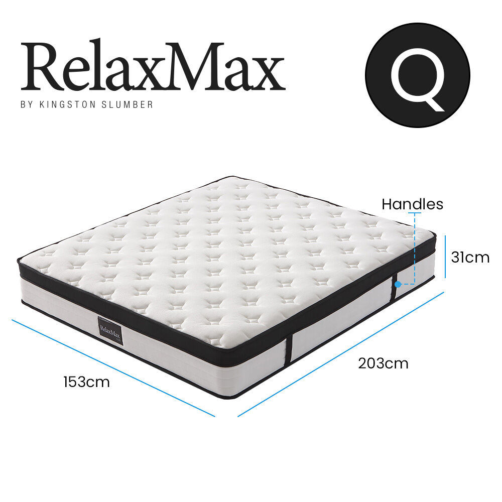 KINGSTON SLUMBER RelaxMax 31cm Queen Mattress, Medium, Euro Top, 5-Zone, Pocket Spring, Knitted Fabric
