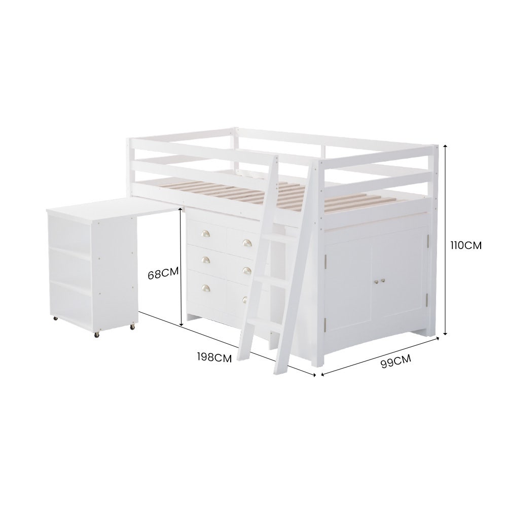 KINGSTON SLUMBER Wooden Kids Single Loft Bed Frame with Pull Out Desk, Storage Drawers, Cabinet - White