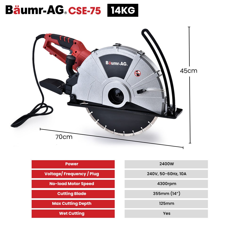 BAUMR-AG 2400W Electric Concrete Saw 355mm Demolition Cutter Wet Dry Demo Tool Circular Cutting