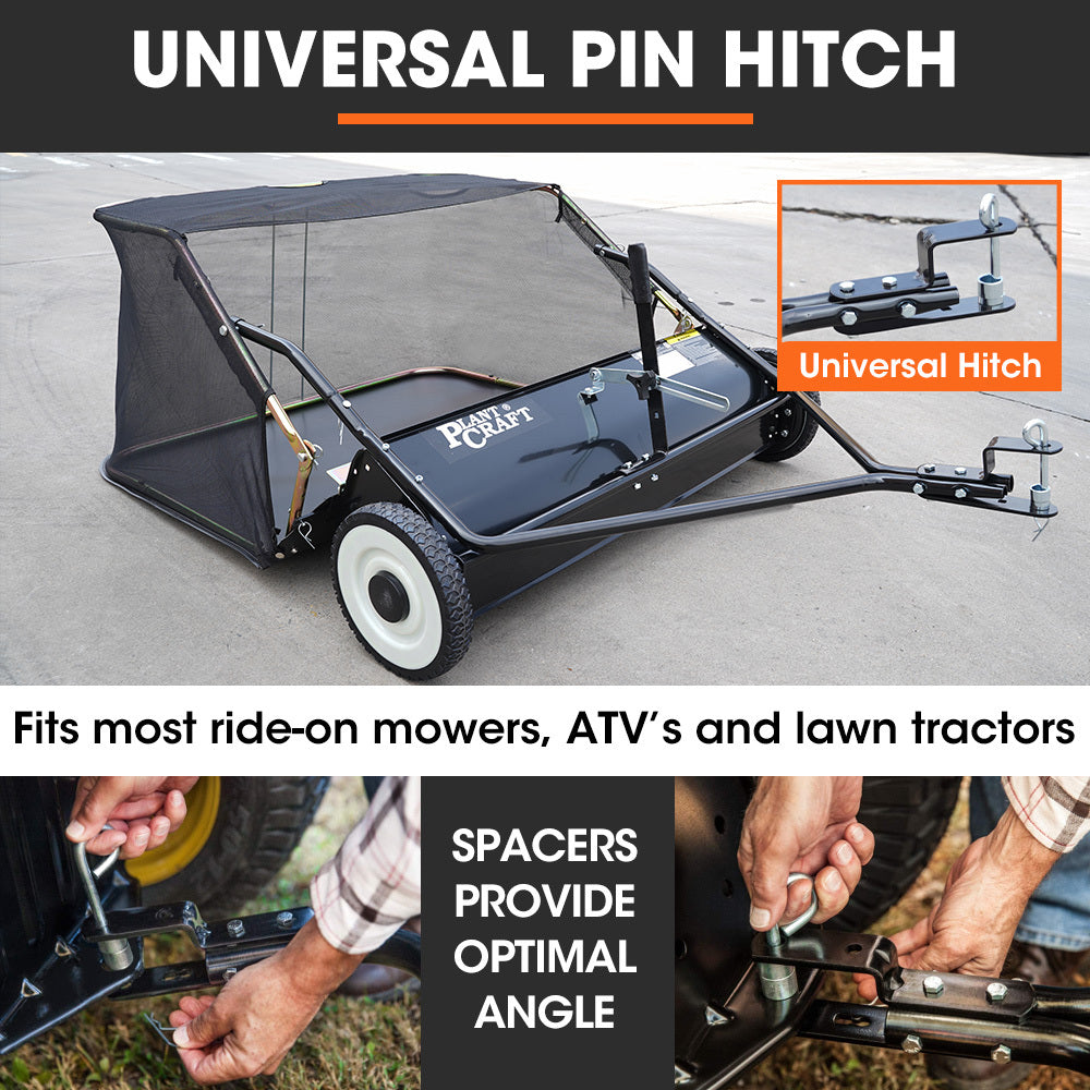 PlantCraft Lawn Sweeper 38 Wide, Tow Behind Leaf and Grass Clipping Collector, Universal Hitch for Ride on Mower, Garden Tractor