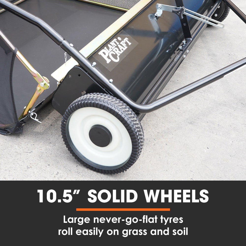 PlantCraft Lawn Sweeper 48 Wide, Tow Behind Leaf and Grass Clipping Collector, Universal Hitch for Ride on Mower, Garden Tractor