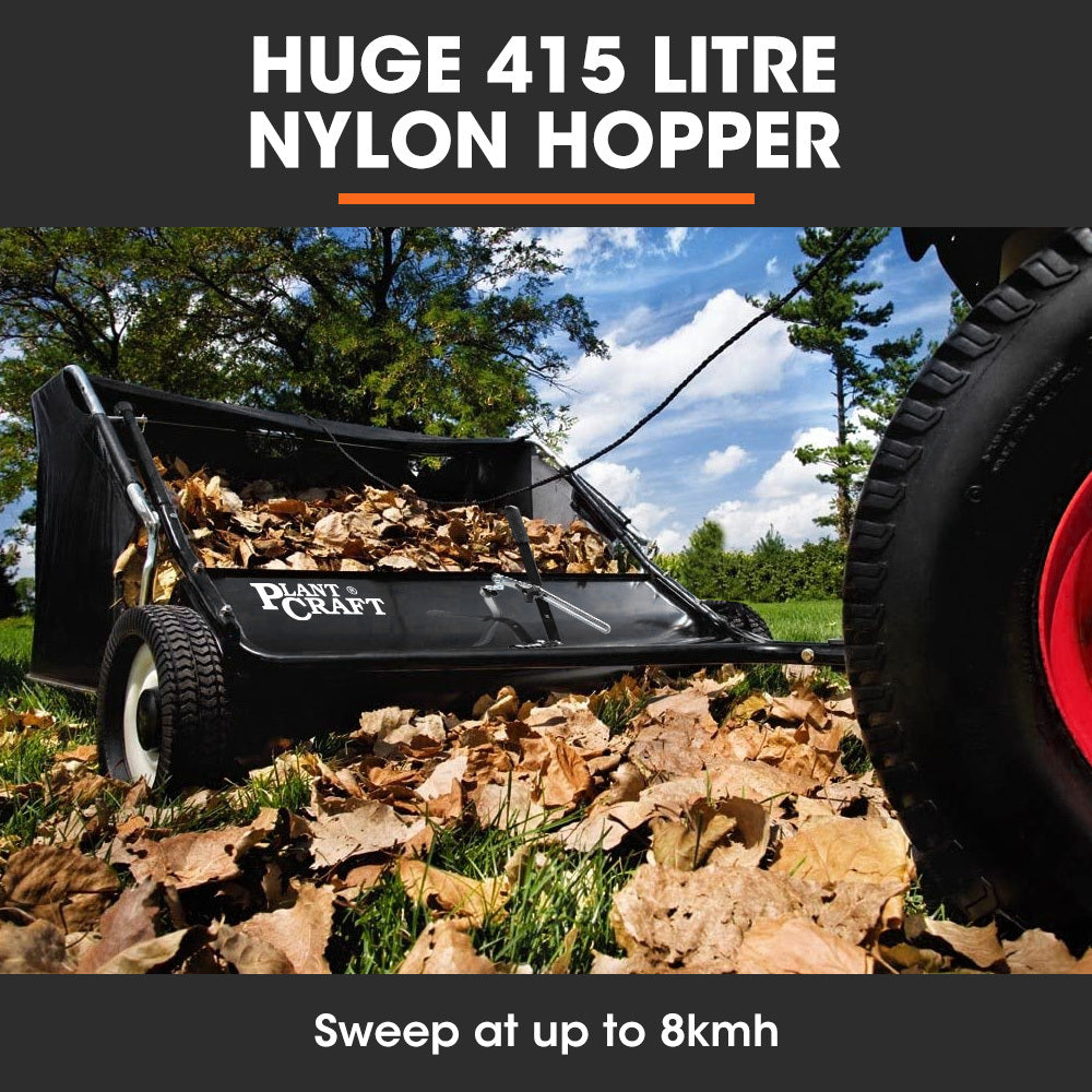 PlantCraft Lawn Sweeper 48 Wide, Tow Behind Leaf and Grass Clipping Collector, Universal Hitch for Ride on Mower, Garden Tractor