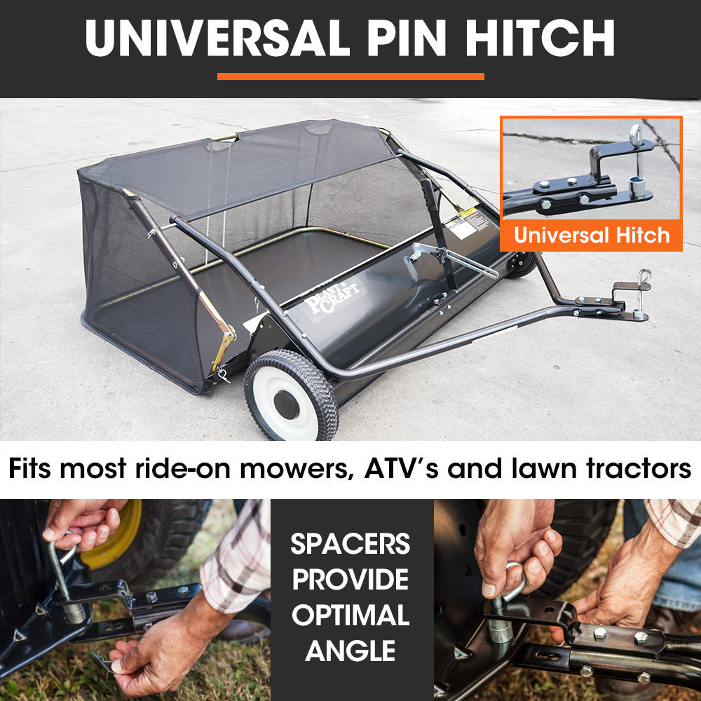 PlantCraft Lawn Sweeper 48 Wide, Tow Behind Leaf and Grass Clipping Collector, Universal Hitch for Ride on Mower, Garden Tractor