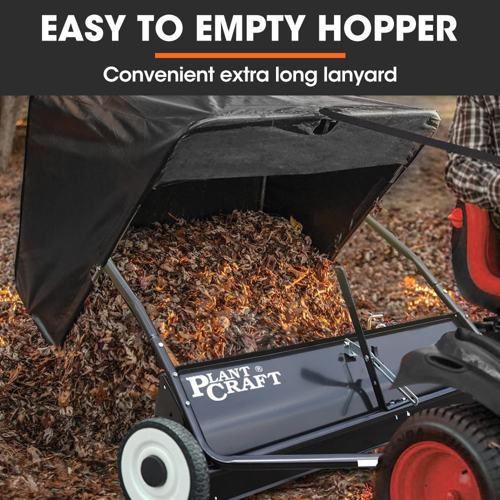 PlantCraft Lawn Sweeper 48 Wide, Tow Behind Leaf and Grass Clipping Collector, Universal Hitch for Ride on Mower, Garden Tractor