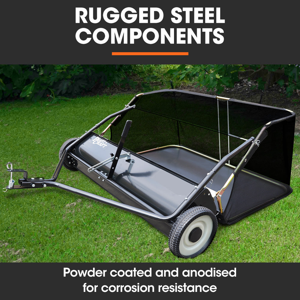 PlantCraft Lawn Sweeper 48 Wide, Tow Behind Leaf and Grass Clipping Collector, Universal Hitch for Ride on Mower, Garden Tractor