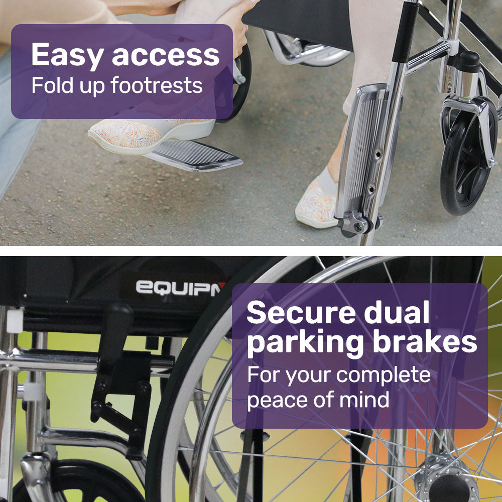 Equipmed Folding Manual Wheelchair Self Propelled, 24 Rear Wheels, Chrome Steel Frame, 46cm Wide Seat, 100kg Capacity, Park Brakes