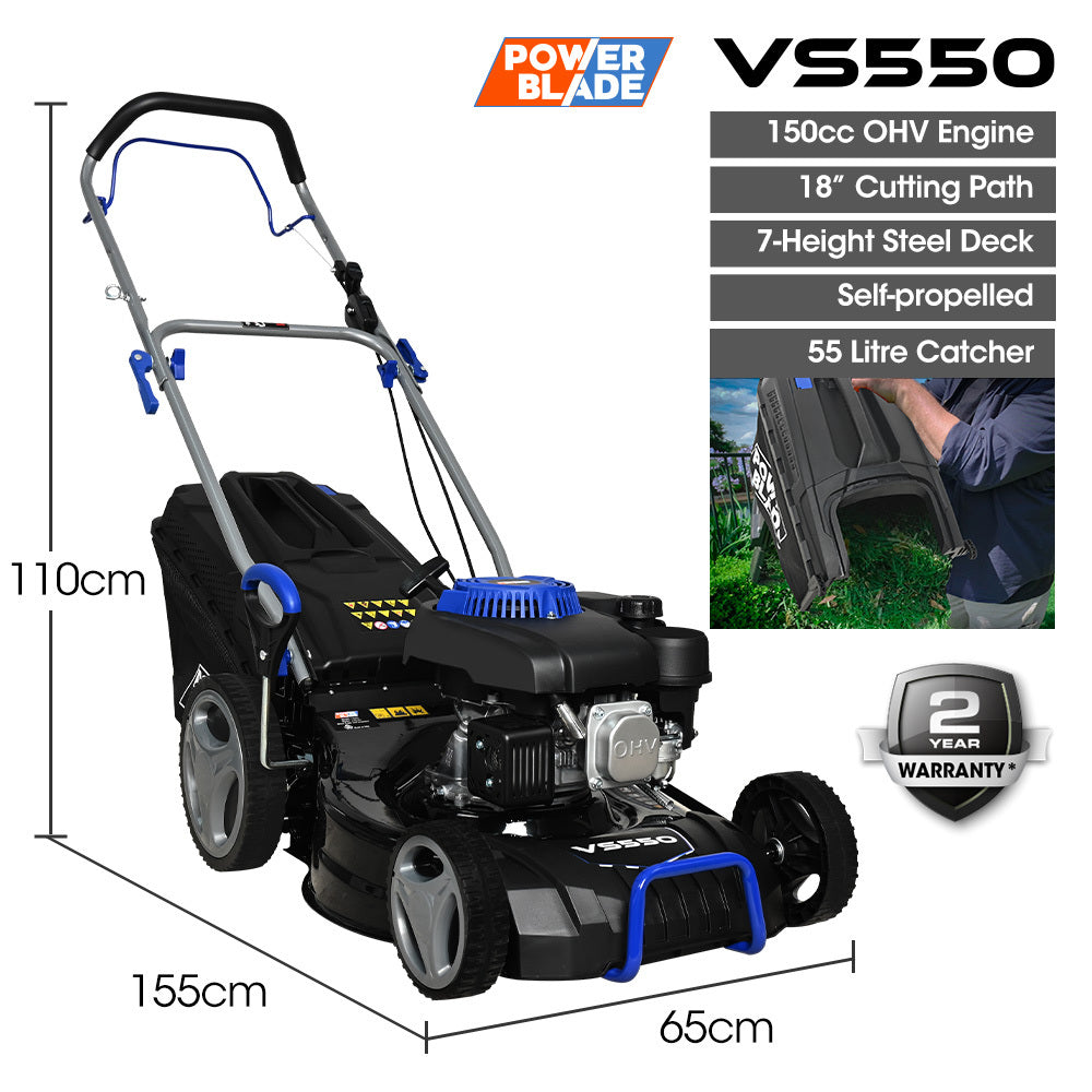 POWERBLADE 18  150cc Self Propelled Lawn Mower, 7 Height, Steel Deck, 4-Stroke Petrol Lawnmower - VS550