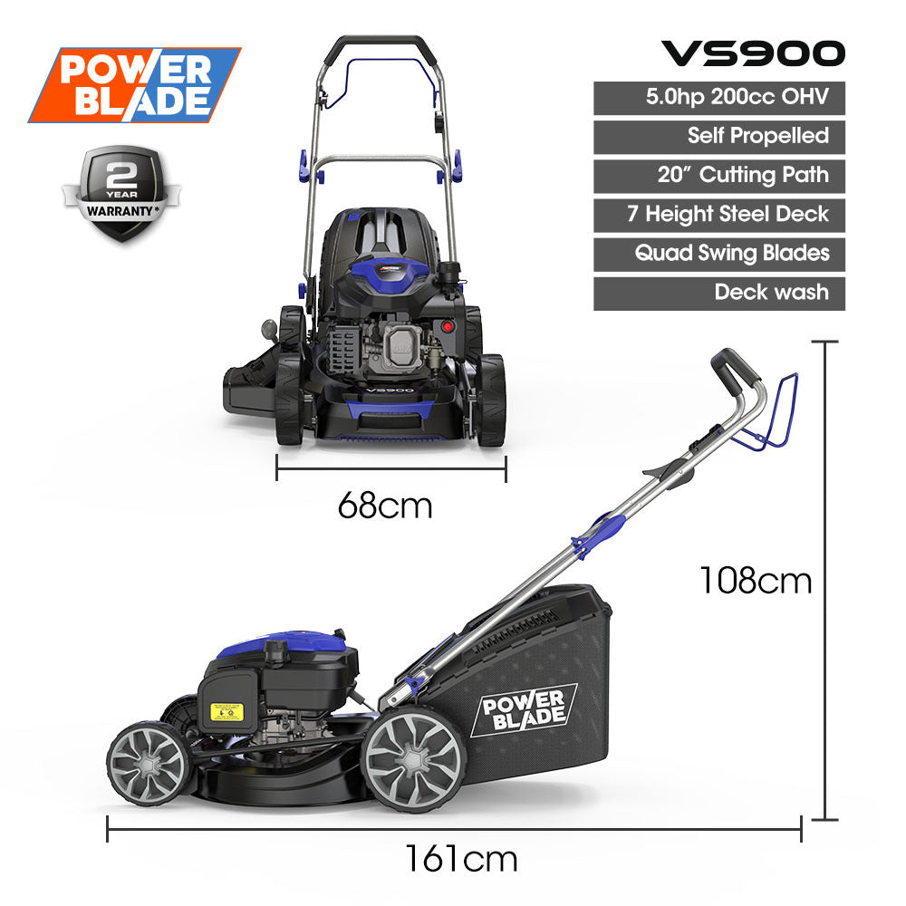 PowerBlade 20  200cc Self-Propelled Lawn Mower, 7 Height, Steel Deck, Deck Wash Port, OHV 4-Stroke Petrol - VS900