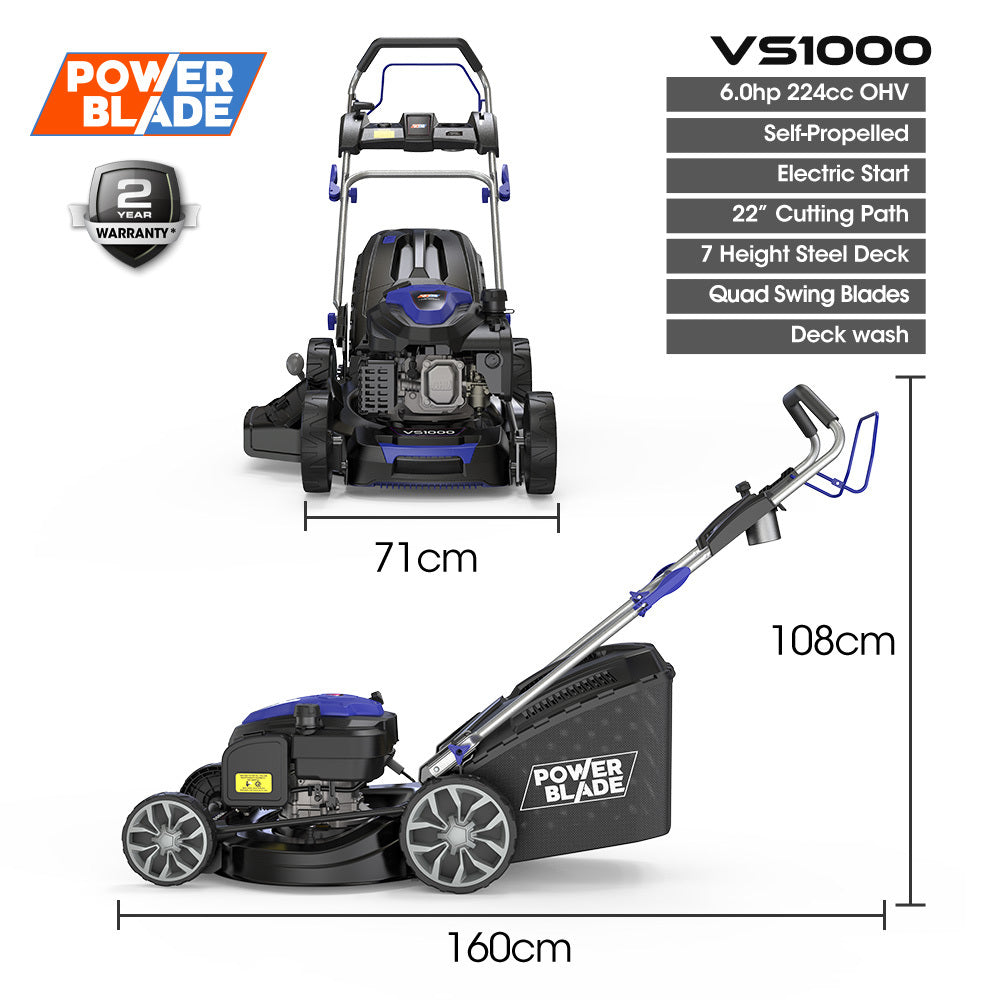 PowerBlade 22  224cc Self-Propelled Lawn Mower, Electric Start, 7 Height, Steel Deck, Deck Wash Port, OHV 4-Stroke Petrol - VS1000