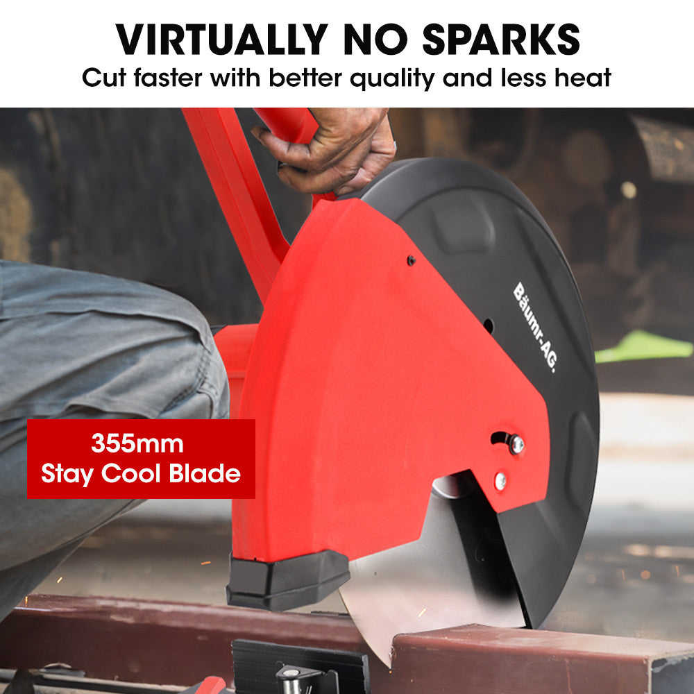 Baumr-AG 2400W 355mm 14 Metal Cut Off Cold Saw, Premium Low Spark Ceramic Alloy Tooth Blade, Measurement Scale, Soft Start, 45 Degree Mitre Chop Cutting