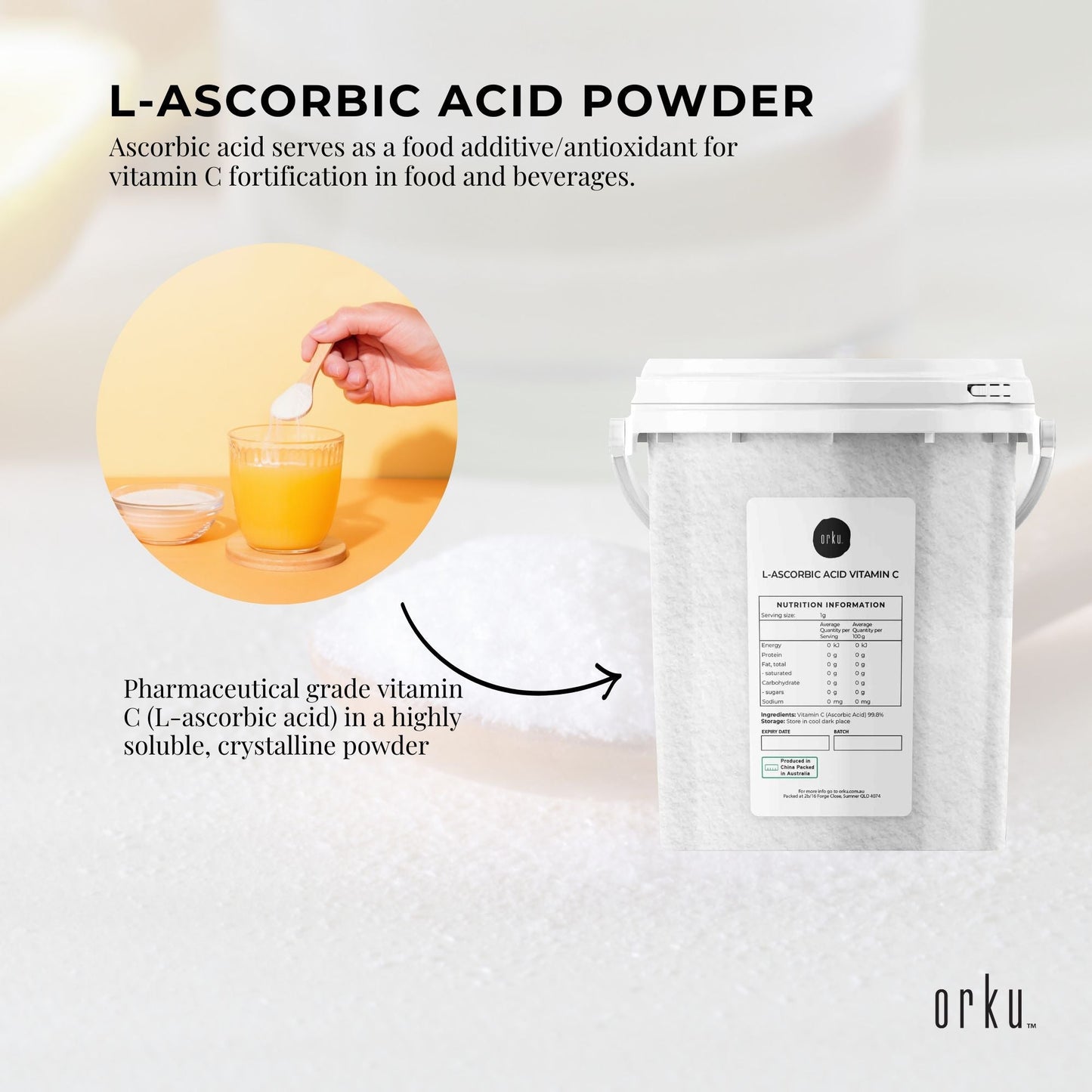 1.3Kg Vitamin C Powder in Tub Pure L-Ascorbic Acid - USP Grade Non-GMO