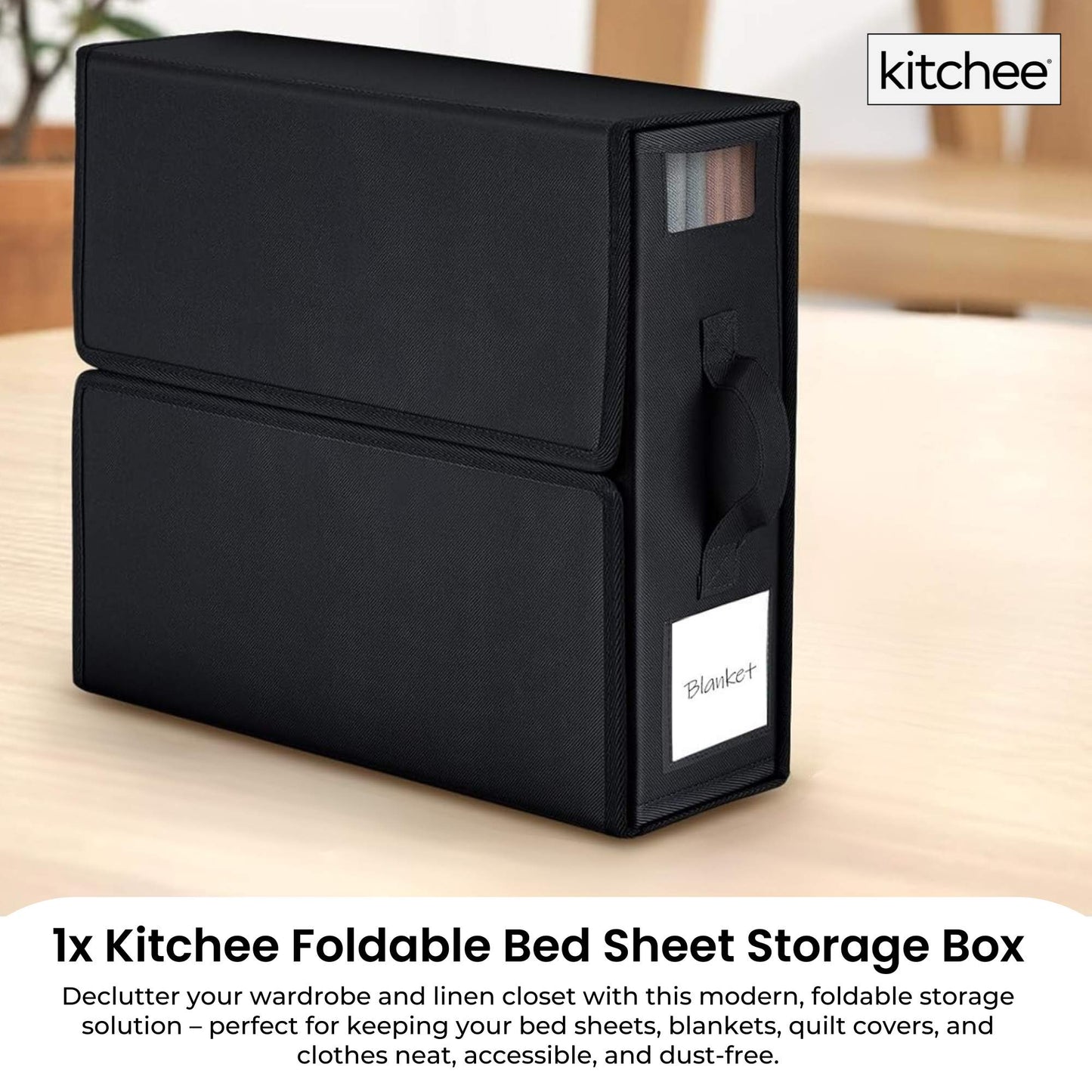 1x Kitchee Foldable Bed Sheet Storage Box – Linen & Closet Organiser Black