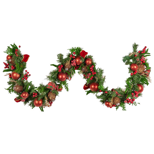 185cm Christmas Garland Lush Green Holiday Garland with Red Berries, Baubles & Pine Cones Pre-Decorated Festive Shelf or Banister Decoration