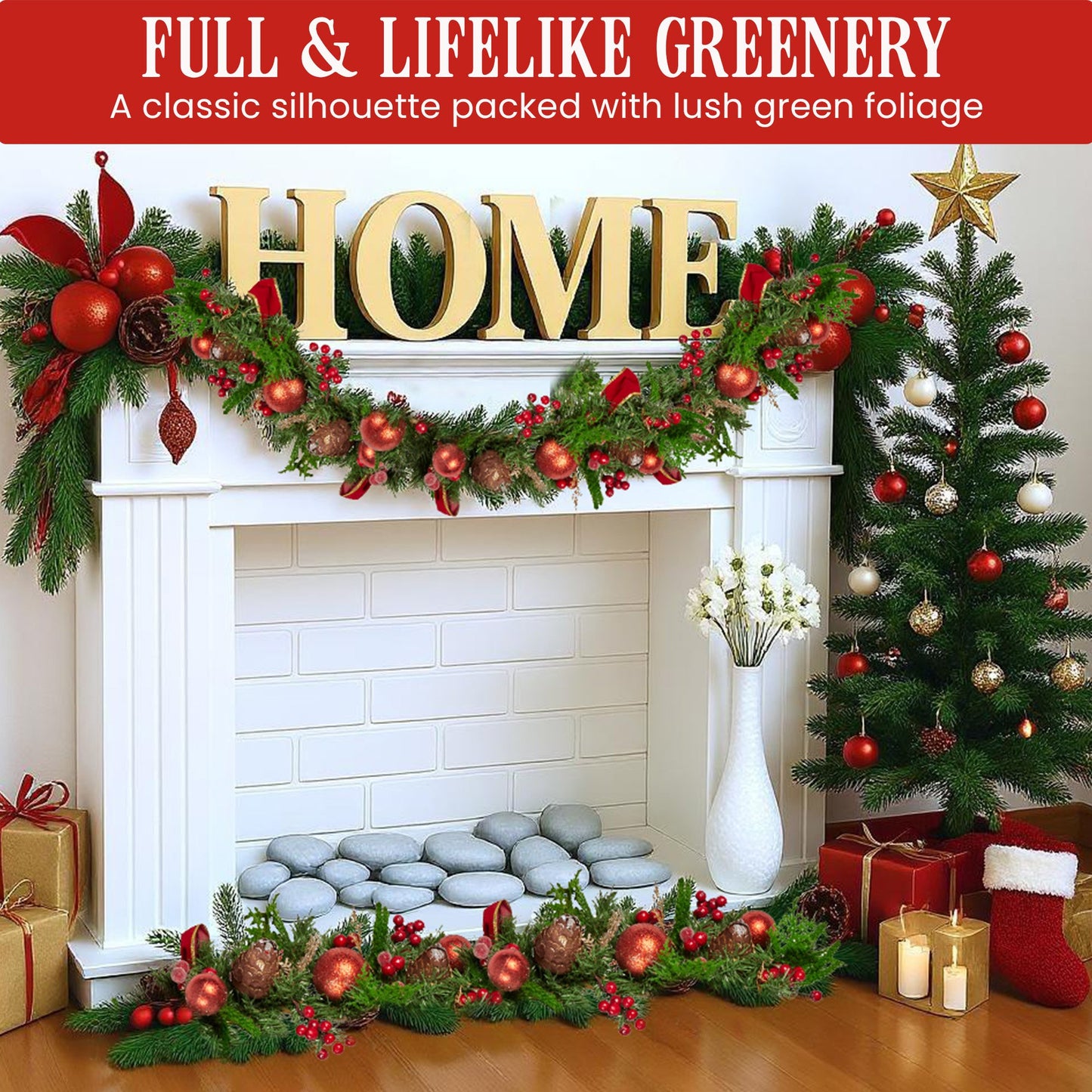 185cm Christmas Garland Lush Green Holiday Garland with Red Berries, Baubles & Pine Cones Pre-Decorated Festive Shelf or Banister Decoration