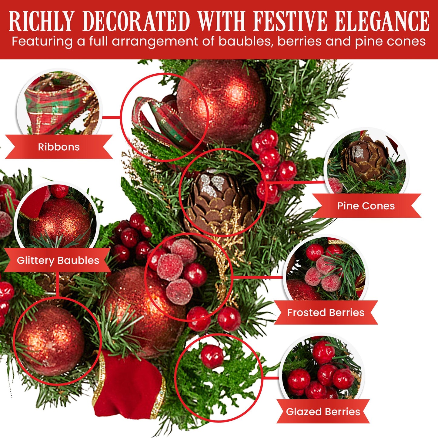 185cm Christmas Garland Lush Green Holiday Garland with Red Berries, Baubles & Pine Cones Pre-Decorated Festive Shelf or Banister Decoration