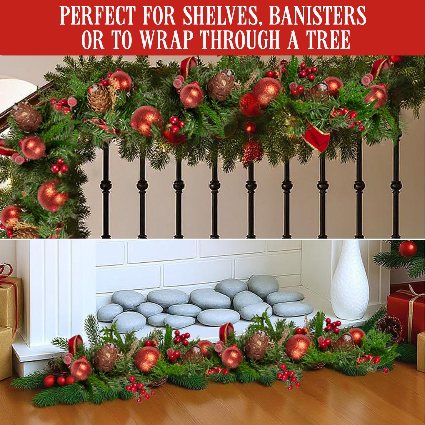 185cm Christmas Garland Lush Green Holiday Garland with Red Berries, Baubles & Pine Cones Pre-Decorated Festive Shelf or Banister Decoration