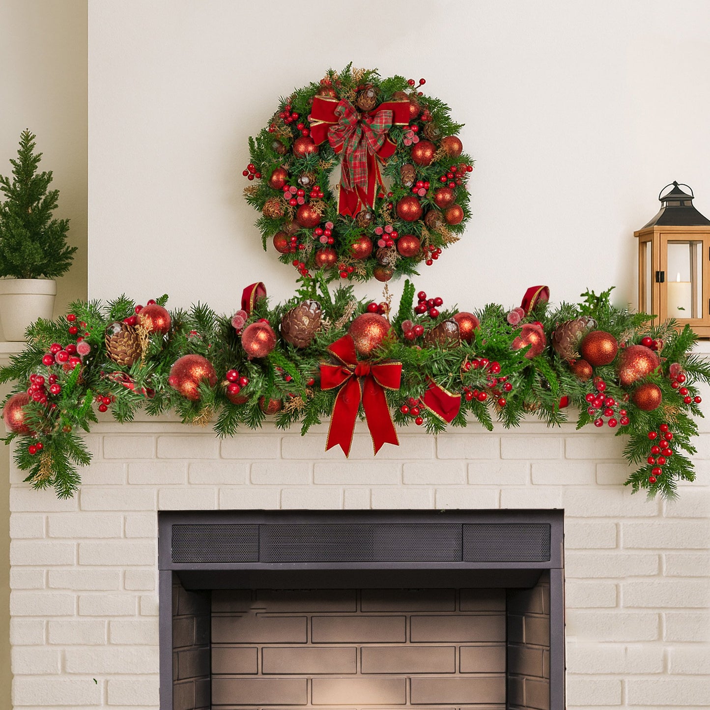 185cm Christmas Garland Lush Green Holiday Garland with Red Berries, Baubles & Pine Cones Pre-Decorated Festive Shelf or Banister Decoration