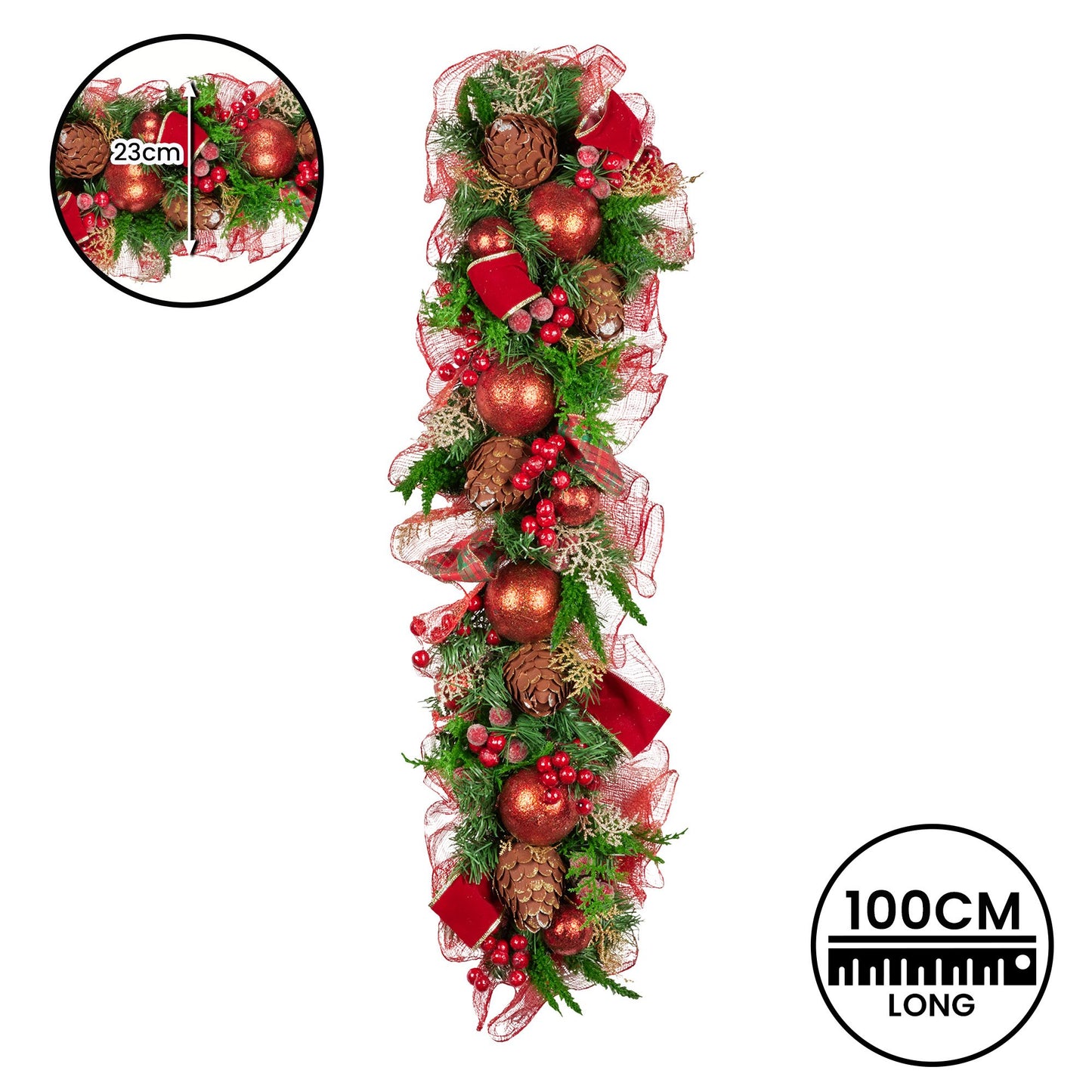 100cm Christmas Garland Lush Green Holiday Garland w/ Red Berries, Baubles & Pine Cones Pre-Decorated Festive Shelf or Banister Decoration