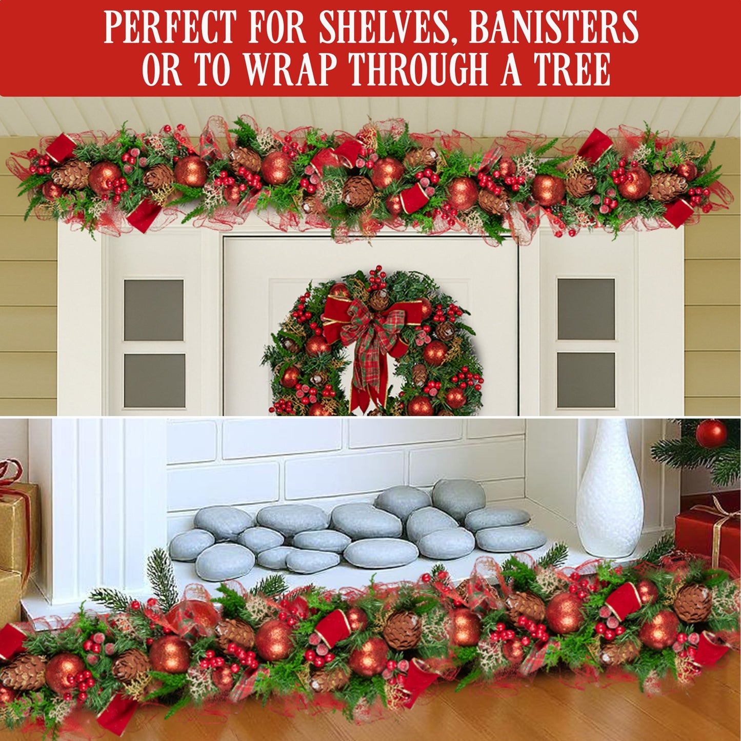 100cm Christmas Garland Lush Green Holiday Garland w/ Red Berries, Baubles & Pine Cones Pre-Decorated Festive Shelf or Banister Decoration