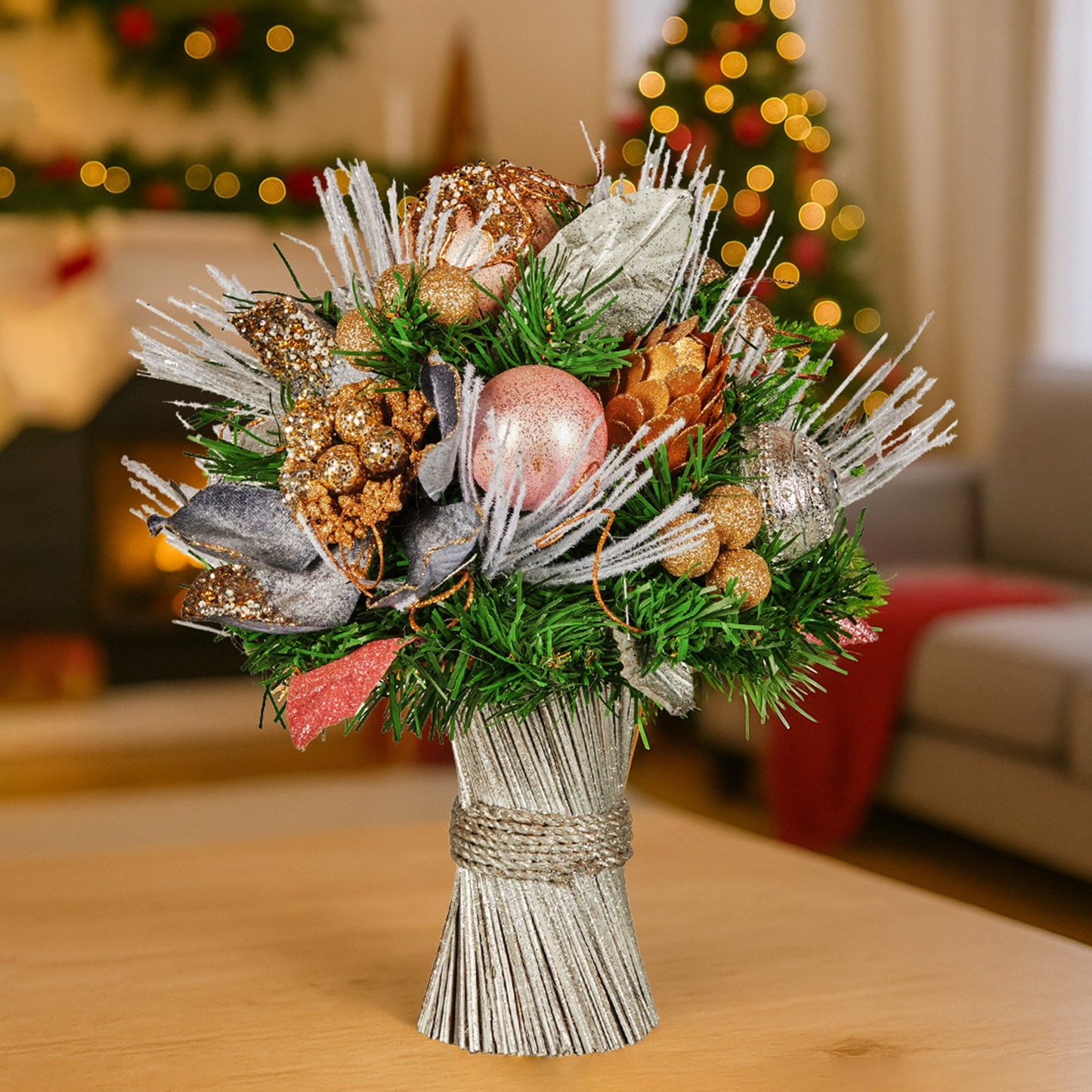 33cm Christmas Bouquet Pre Decorated Holiday Floral Arrangement w/Jewelled Baubles, Berries, Flowers & Pine